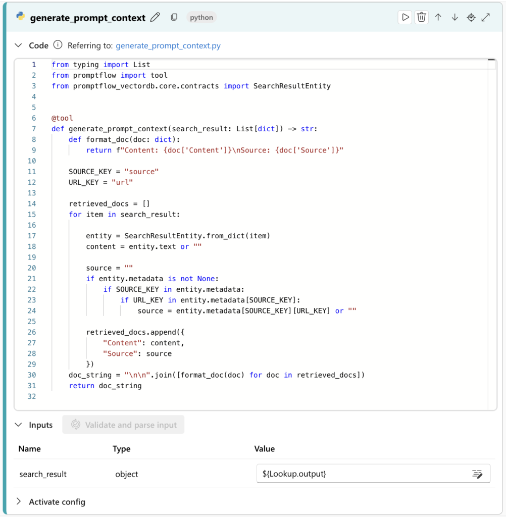 Prompt Flow python script tool settings